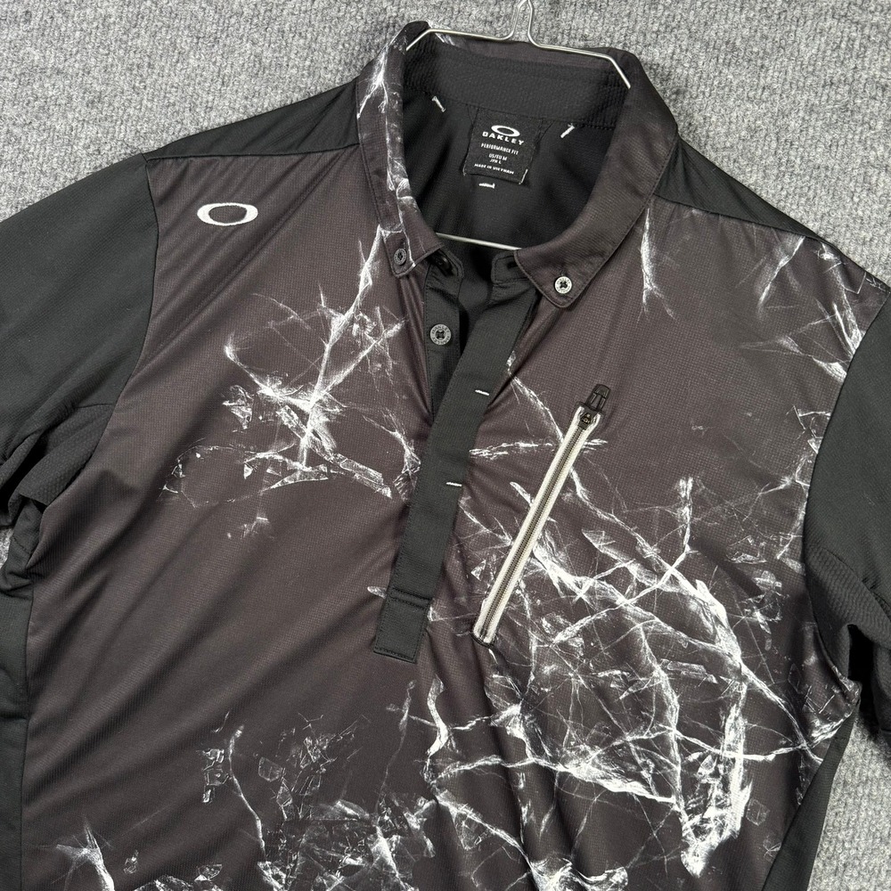 Oakley Polo Shirt Mens Medium Japan Golf RARE Black Cracked Ice Marble Graphic